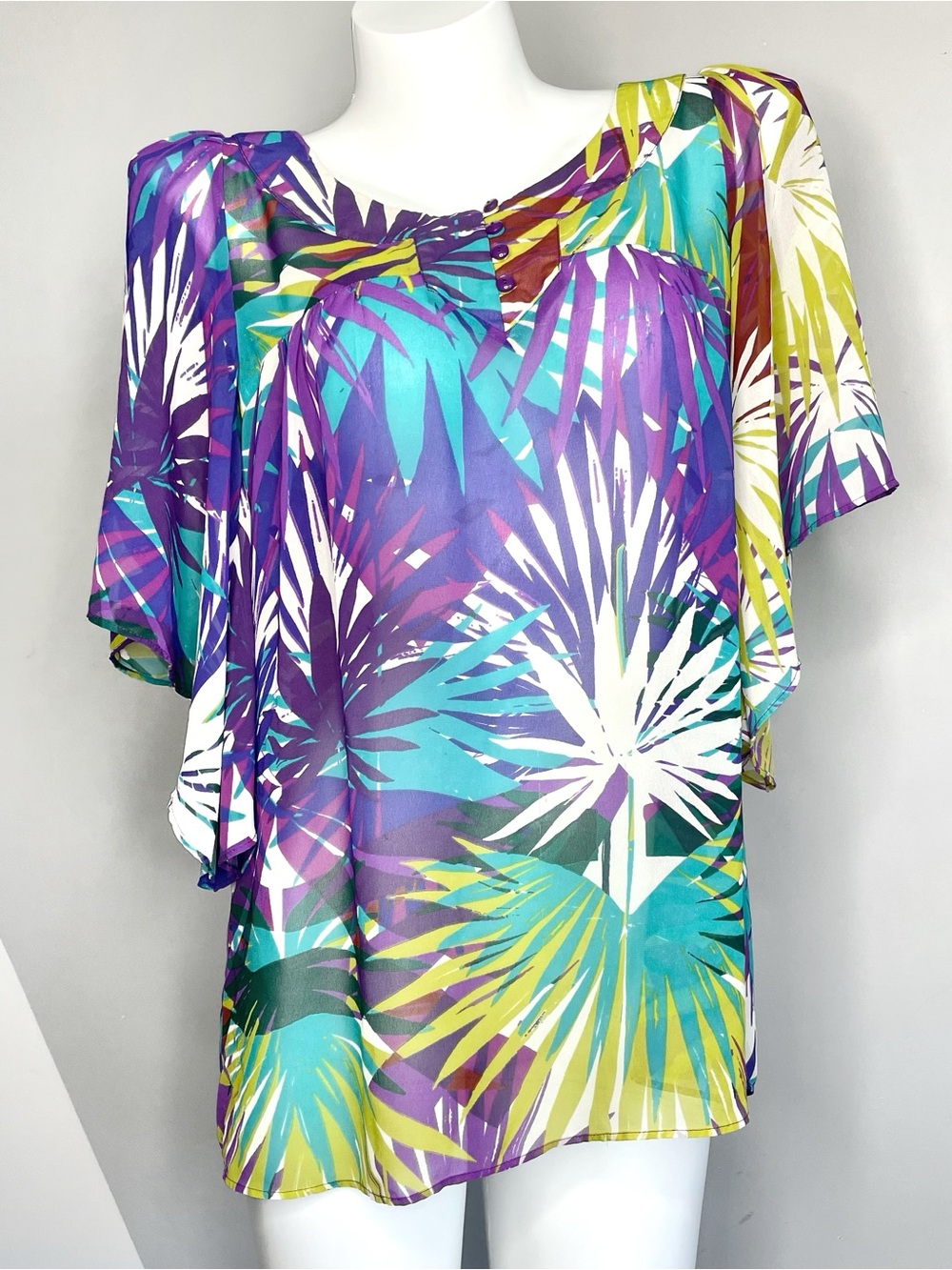 Purple Eclectic Tropical Print Sheer Flutter Sleeve Blouse